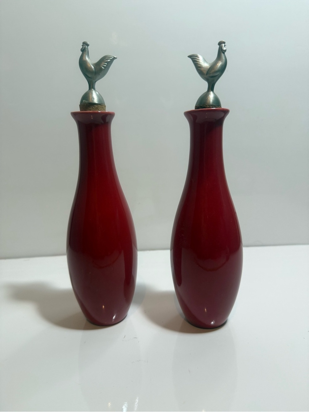 Vintage Oil & Vinegar Set Red Ceramic With Pewter And Cork Rooster Stopper 9”